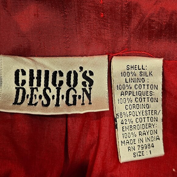 Chico's Womens m Silk Embroidered Red Jacket Coat Career Part Open Business - Picture 12 of 14